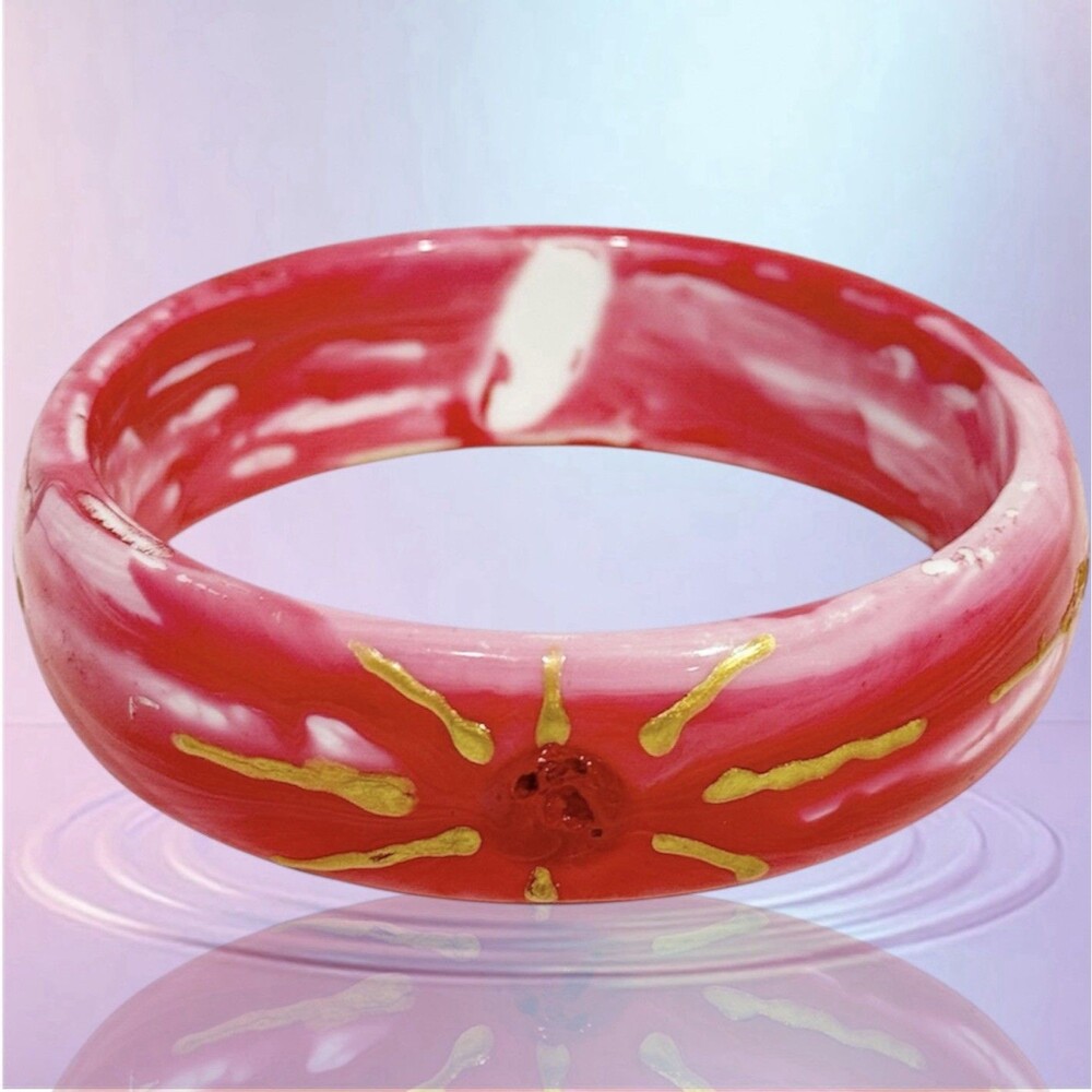 Pink Swirl Resin Bangle Bracelet Gold Hand Painted Sun Design Retro Boho Style